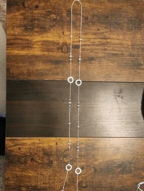 Long Station Necklace with Circular Accents and Crystal Beads- Silver Tone